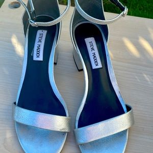 Silver Steve Madden around ankle strap low heal slightly worn only twice